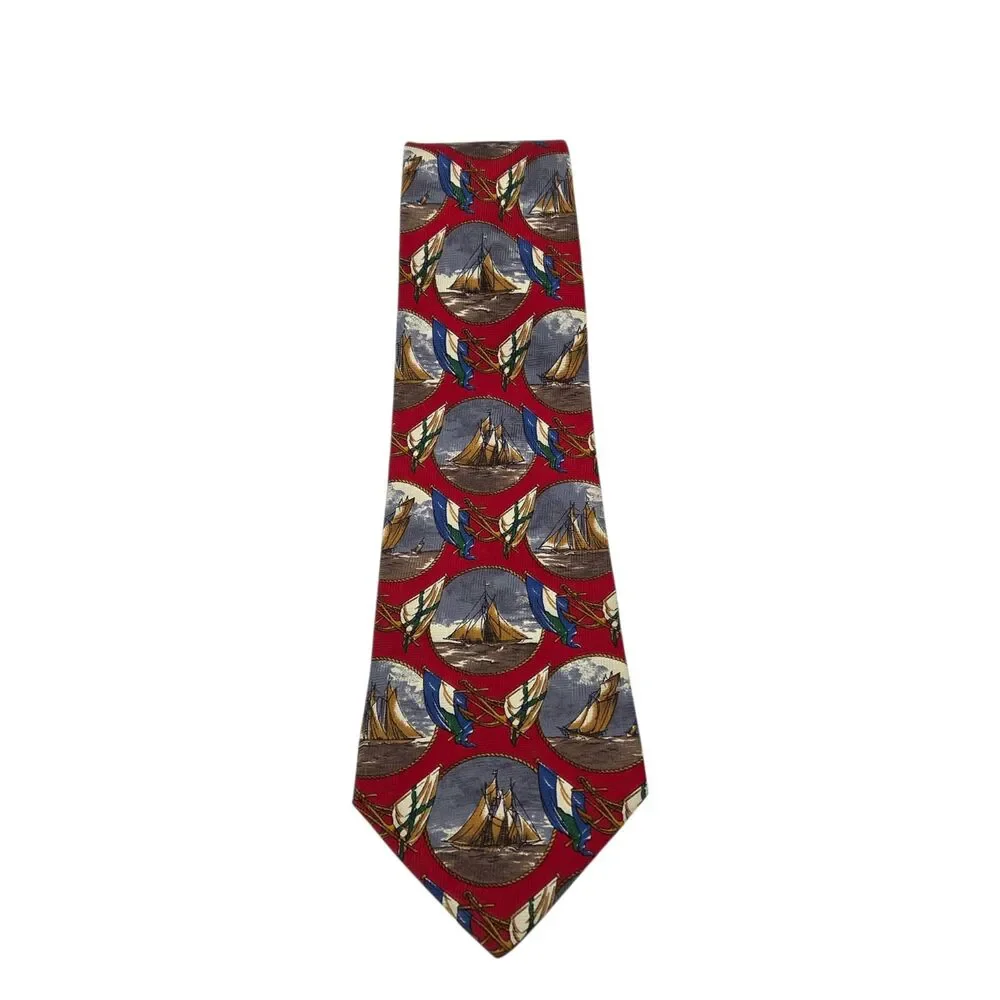 Vintage Tommy Hilfiger Mens Silk Tie Red Nautical Sailboat Ship Flag Made In USA